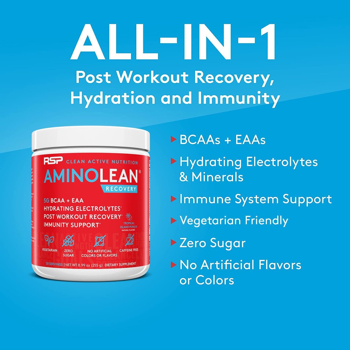 RSP Nutrition, AminoLean 5 g BCAA + EAA  Recovery,Tropical Island Punch, Caffeine Free (255 g)