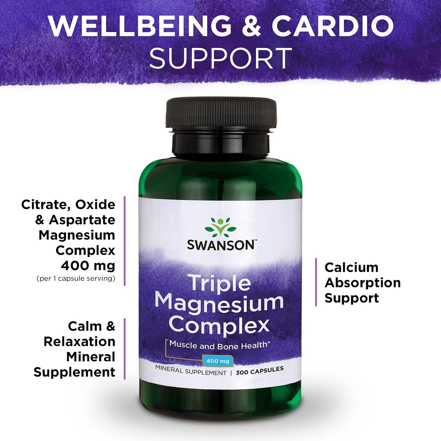 Swanson, Triple Magnesium Complex, Com Citrato, Óxido e Aspartato, 100 Cápsulas, 400mg