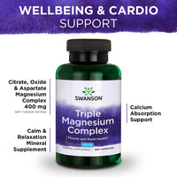 Swanson Triple Magnesium Complex - Suplemento Mineral - Suporte Natural - Com Citrato, Óxido e Aspartato - (100 Cápsulas, 400mg Cada)