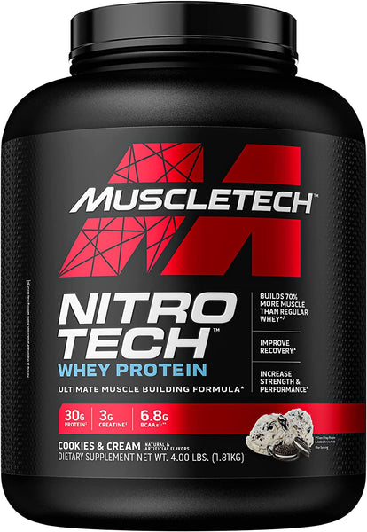 Whey Protein Powder|Proteína Whey Isolada & Peptídeos MuscleTech Nitro-Tech|Proteína + Creatina para Ganho Muscular | Construtor de músculos para homens e mulheres | Nutrição Esportiva | Biscoitos e creme, 4 lb (40 porções)