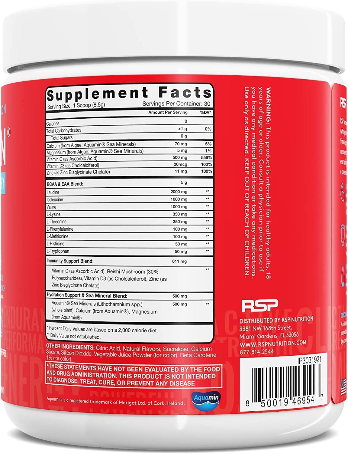 RSP Nutrition, AminoLean 5 g BCAA + EAA  Recovery,Tropical Island Punch, Caffeine Free (255 g)
