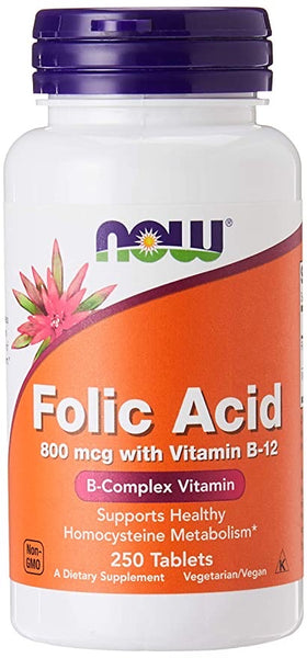 NOW Folic Acid - 800 mcg with B12 - 250 Tablets