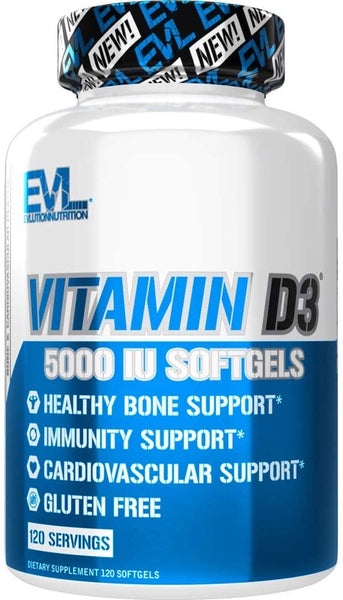 Evlution Nutrition Vitamin D3, 5000 UI de alta potência, suporte ósseo e articular, saúde do coração e do sistema imunológico (120 porções)