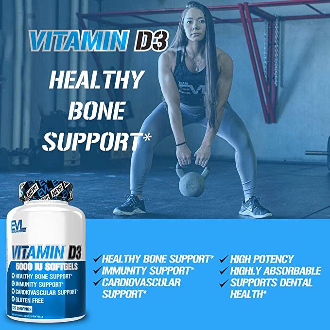 Evlution Nutrition Vitamin D3, 5000 UI de alta potência, suporte ósseo e articular, saúde do coração e do sistema imunológico (120 porções)